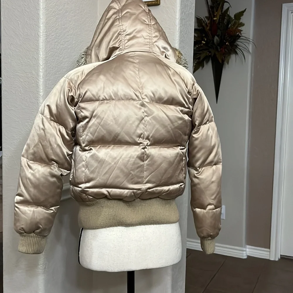 Old Navy tan/gold shiny puffer jacket with faux fur lined hood Size S